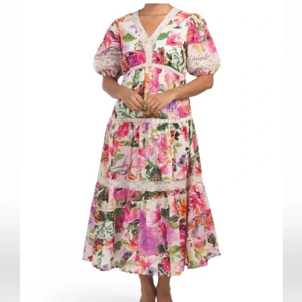 Joie Cotton Voile Floral Dress With Crochet Detail Size Xs Oversized